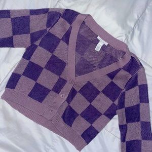 Purple plaid button-up crop top knit sweater